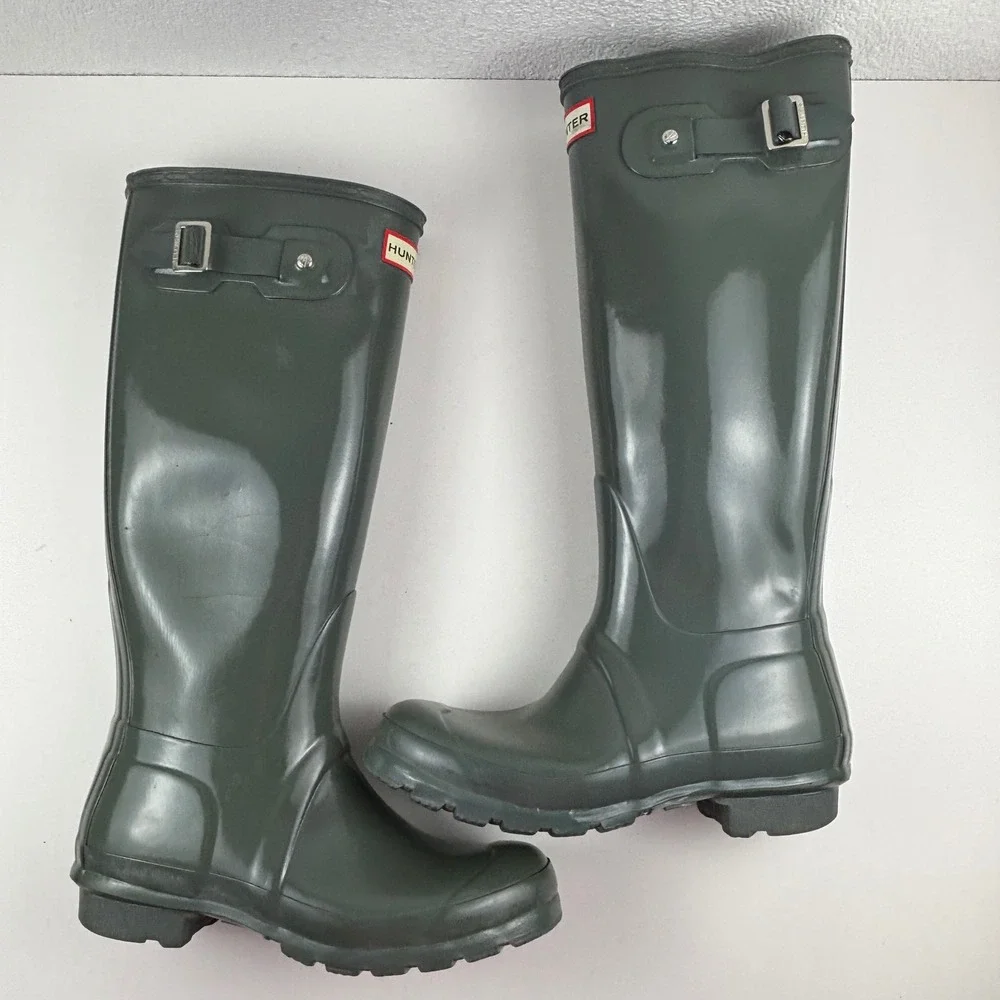 Hunter Original Tall Gloss Rain Boots Women 6 Green Waterproof Buckle Festival